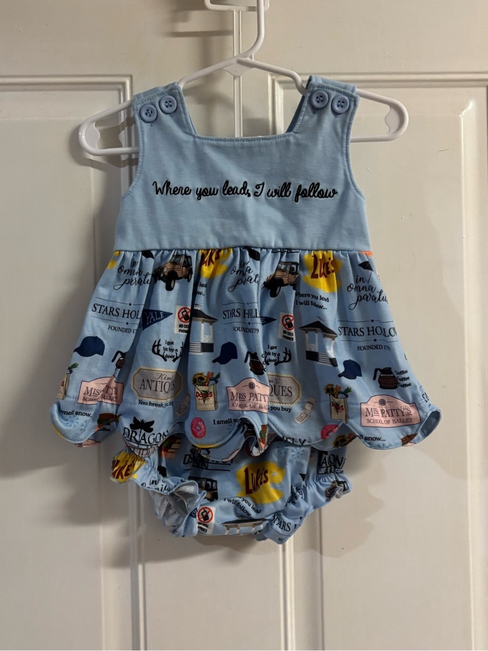 6/12M Kali Grace Gilmore Girls-inspired blue bamboo sleeveless top/ bloomer set.
